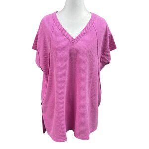 Andree By Unit Waffle Knit Top Womens Size Medium Pink V Neck